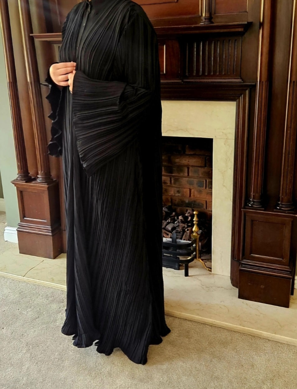 Black Pleated open abaya