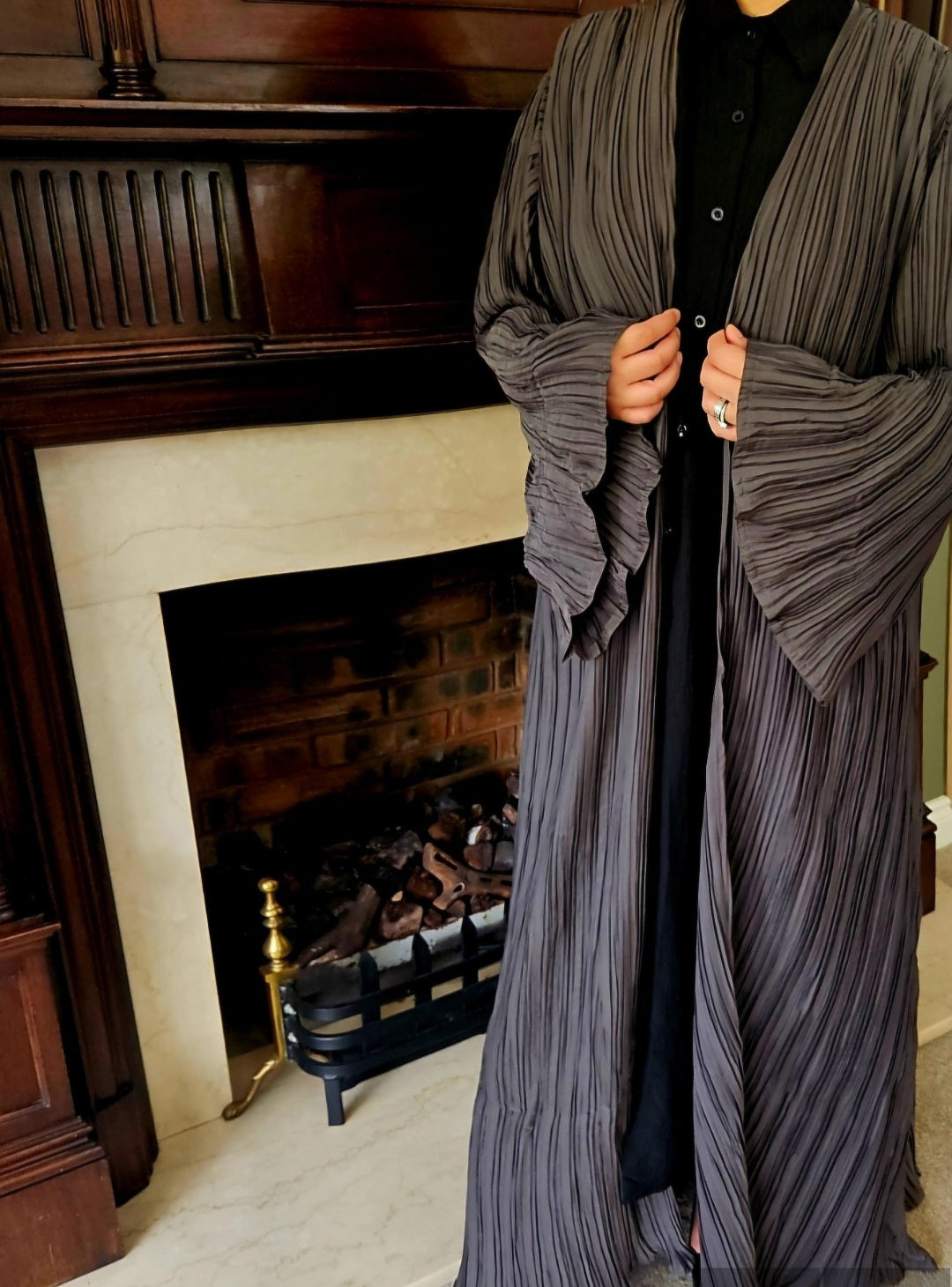 Grey Pleated open abaya