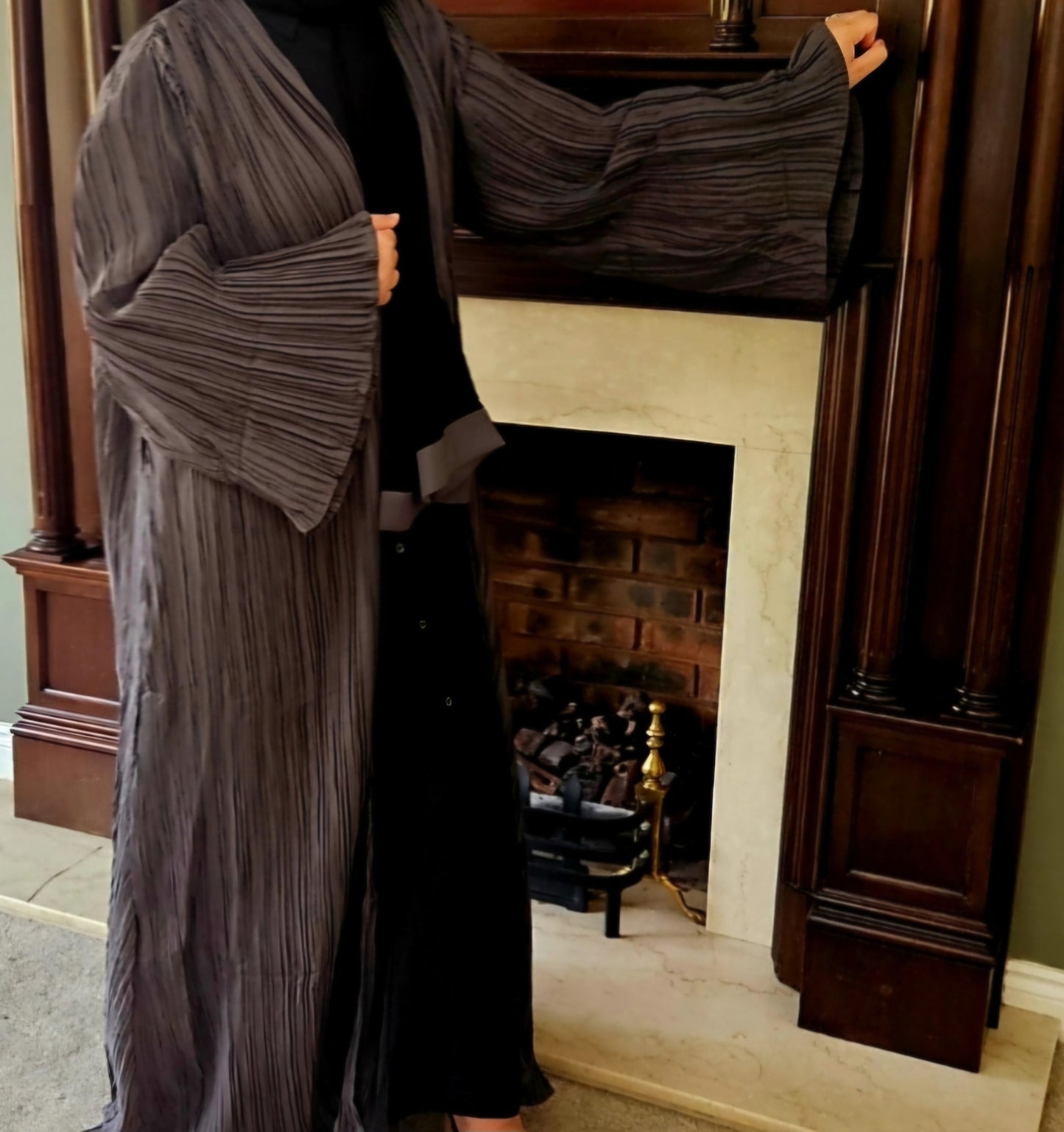 Grey Pleated open abaya